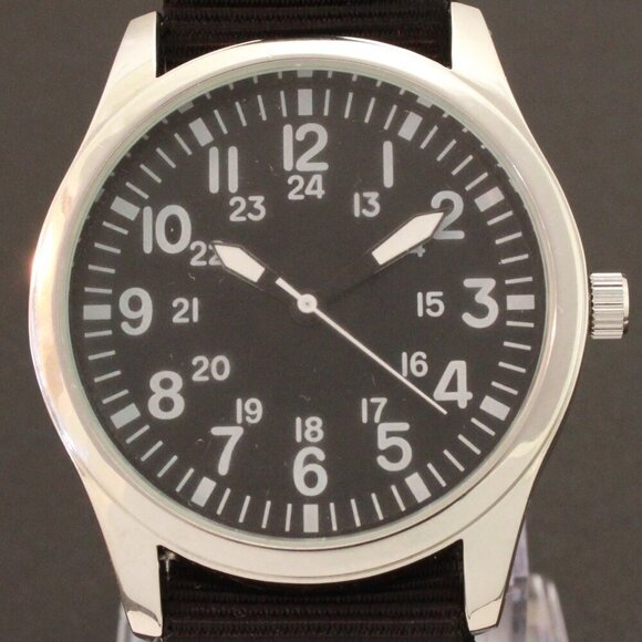 Men's Quartz Field Watch Silver Tone Case Black Military Strap 42mm - Picture 9 of 12